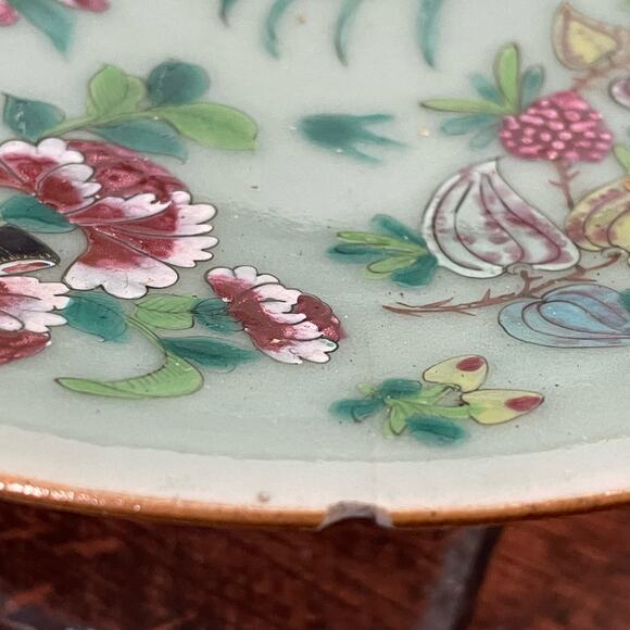 Antique Chinese Rose Canton Celedon Plate 19th Century Floral DAMAGE READ - Picture 4 of 13